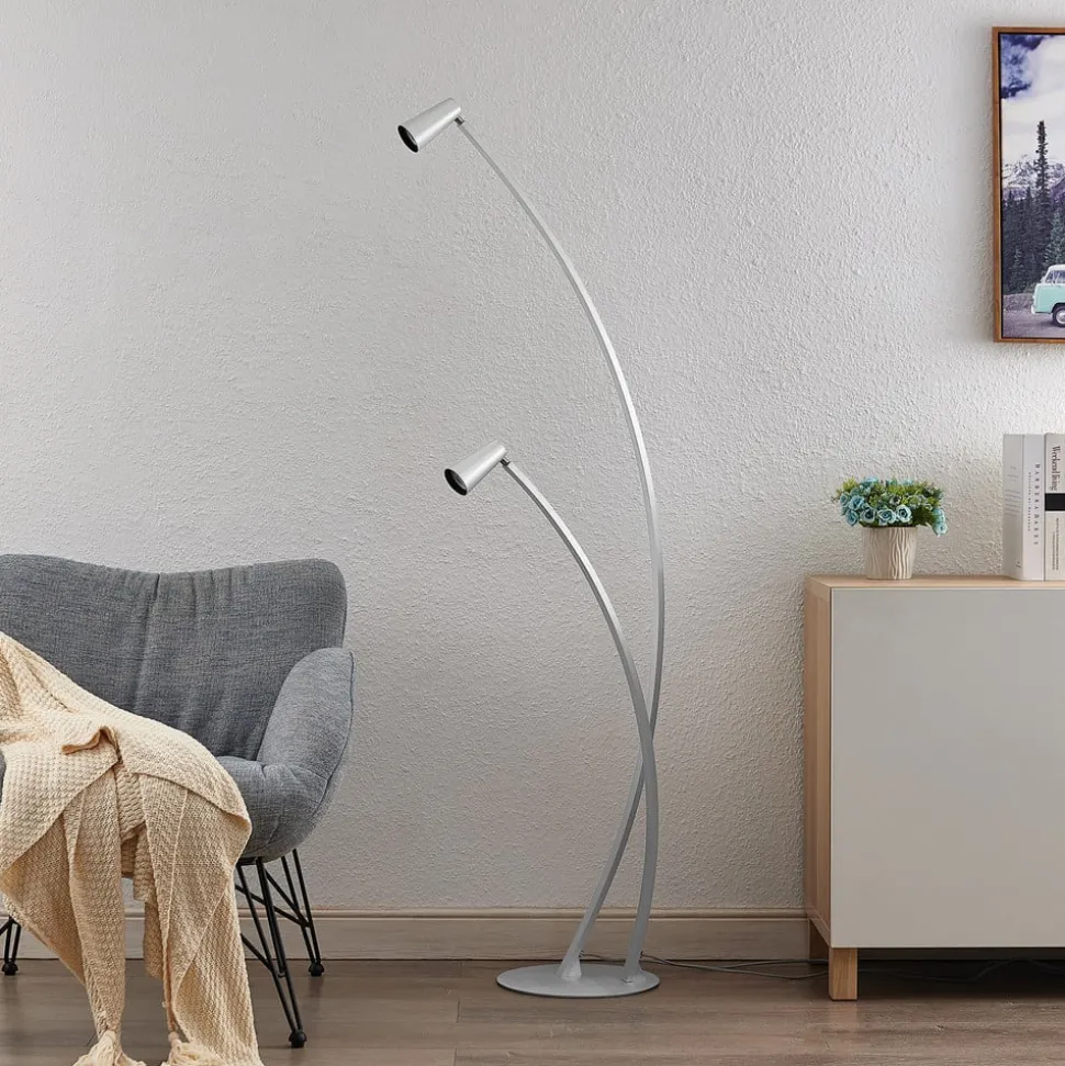 Lucande Velanoris gulvlampe, 2 lyskilder, børstet aluminium