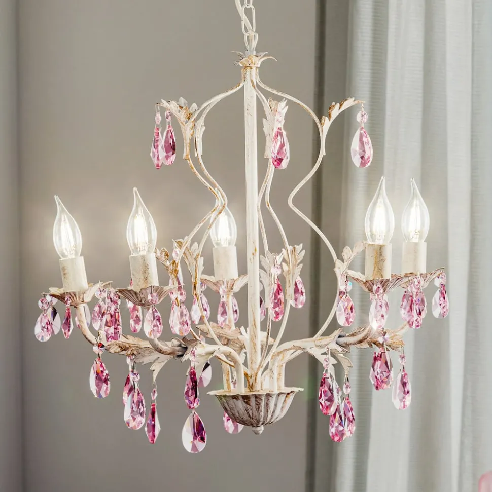 Lysekrone Kate, 5 lyskilder, hvit, rosa krystaller