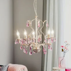 Lysekrone Kate, 5 lyskilder, hvit, rosa krystaller