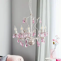 Lysekrone Kate, 5 lyskilder, hvit, rosa krystaller