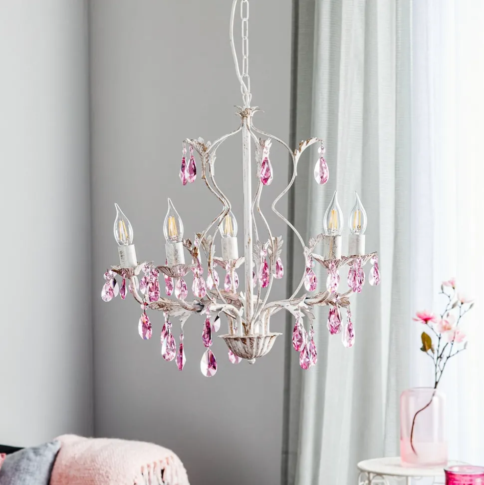 Lysekrone Kate, 5 lyskilder, hvit, rosa krystaller