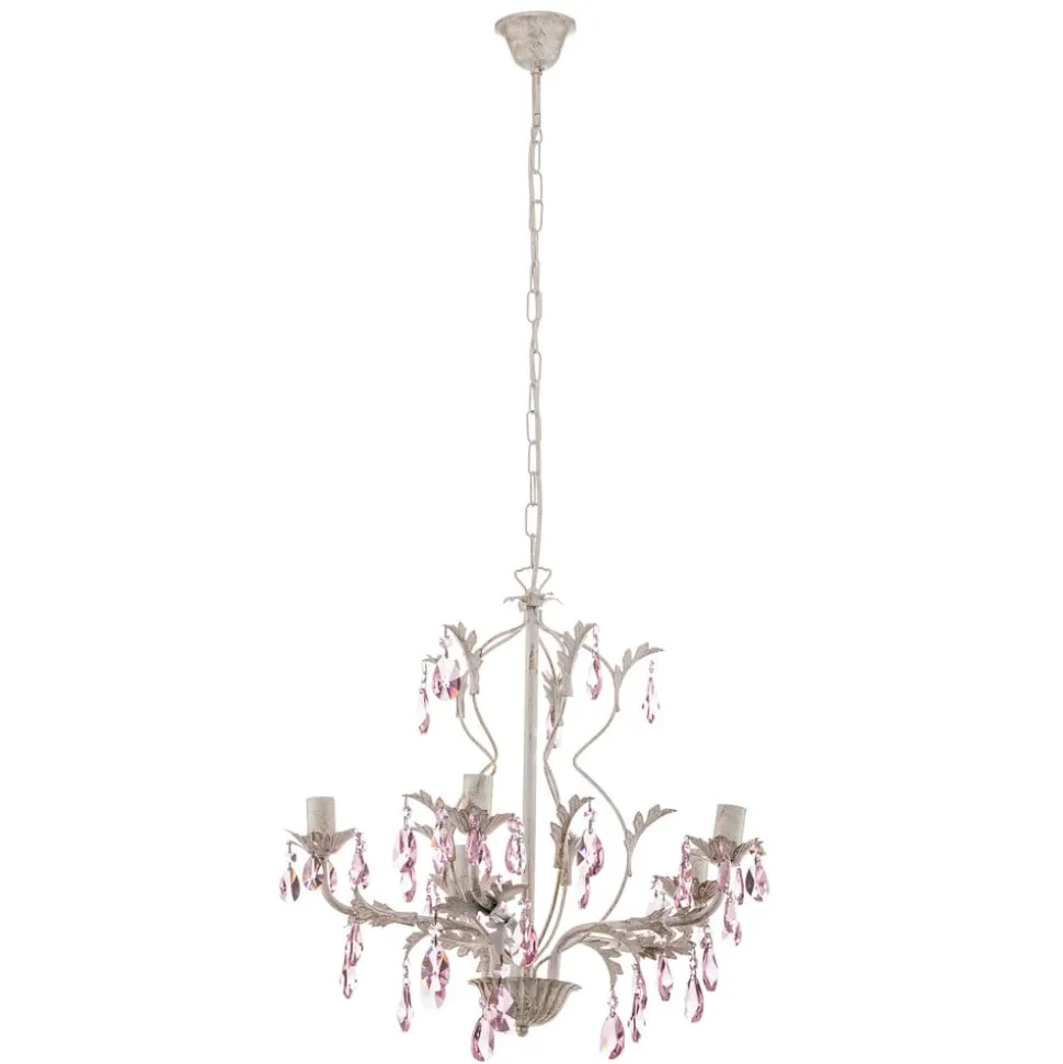 Lysekrone Kate, 5 lyskilder, hvit, rosa krystaller