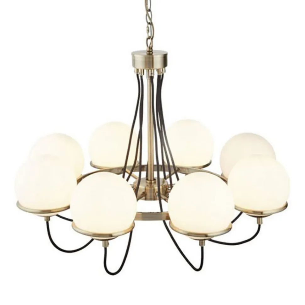 Lysekrone Sphere messing antikk med 8 glasskuler