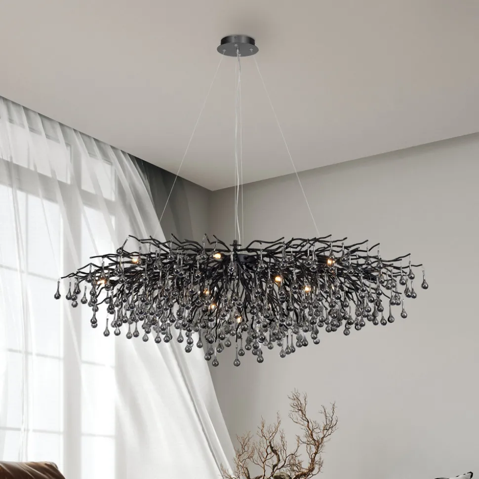 Lysekrone, svart, hengende i glass, lengde 150 cm