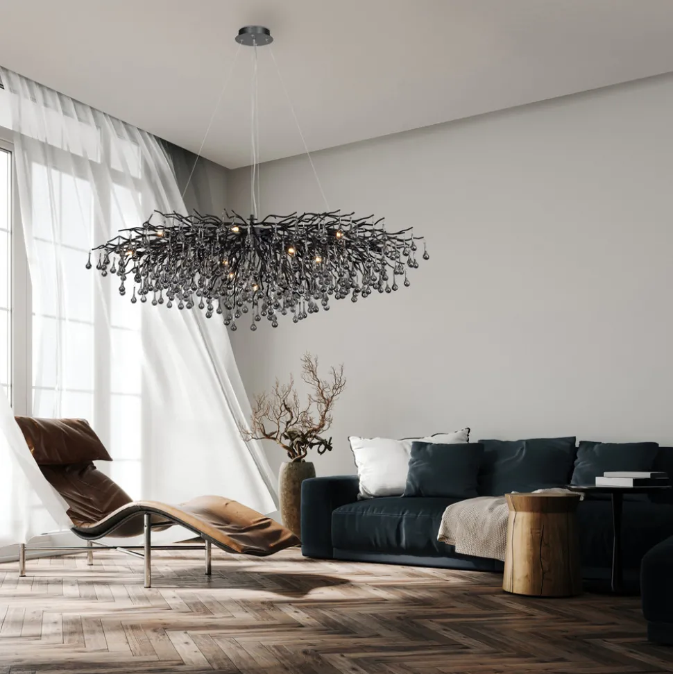 Lysekrone, svart, hengende i glass, lengde 150 cm