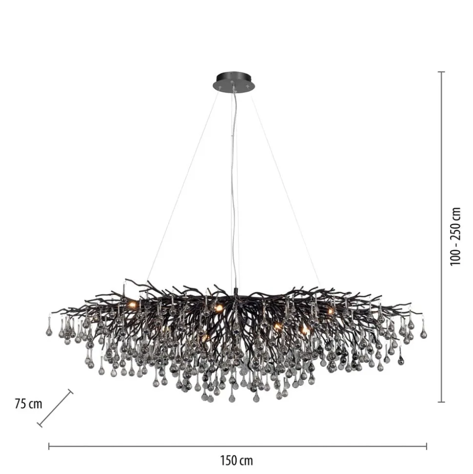 Lysekrone, svart, hengende i glass, lengde 150 cm