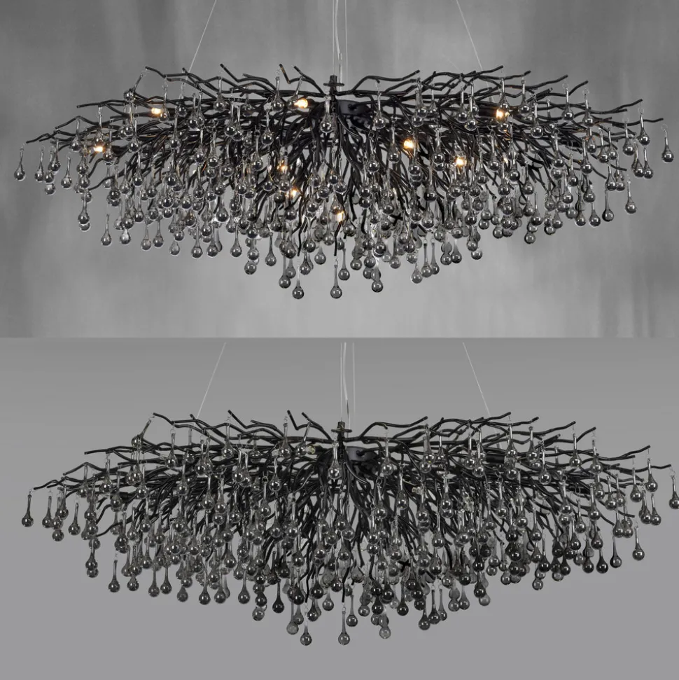 Lysekrone, svart, hengende i glass, lengde 150 cm