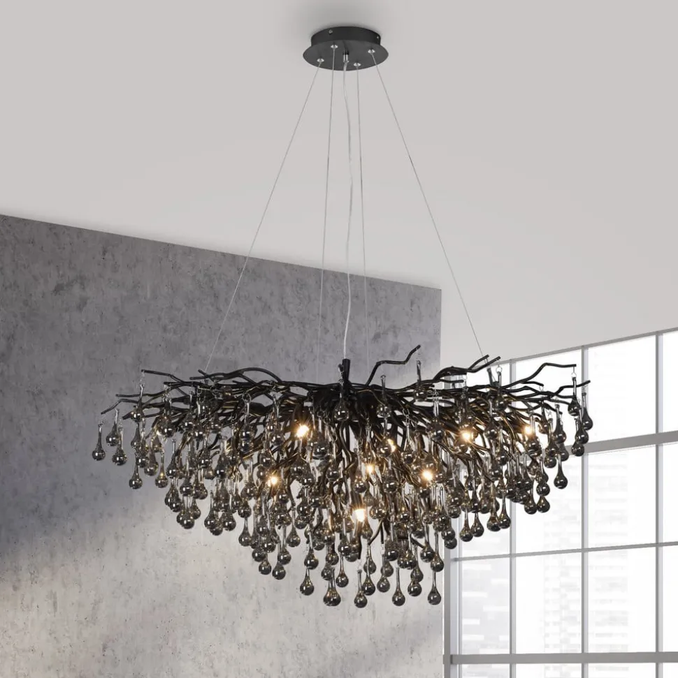 Lysekrone, svart, hengende i glass, lengde 100 cm