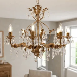 Lysekrone Teresa, bronse, krystall, Ø 70 cm, 8 lys