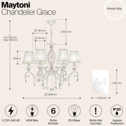 Maytoni Grace lysekrone, hvit, 6 lyskilder, organza, E14