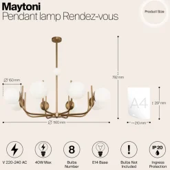 Maytoni hengelampe Rendez-vous, 8 lyskilder, messingfarget