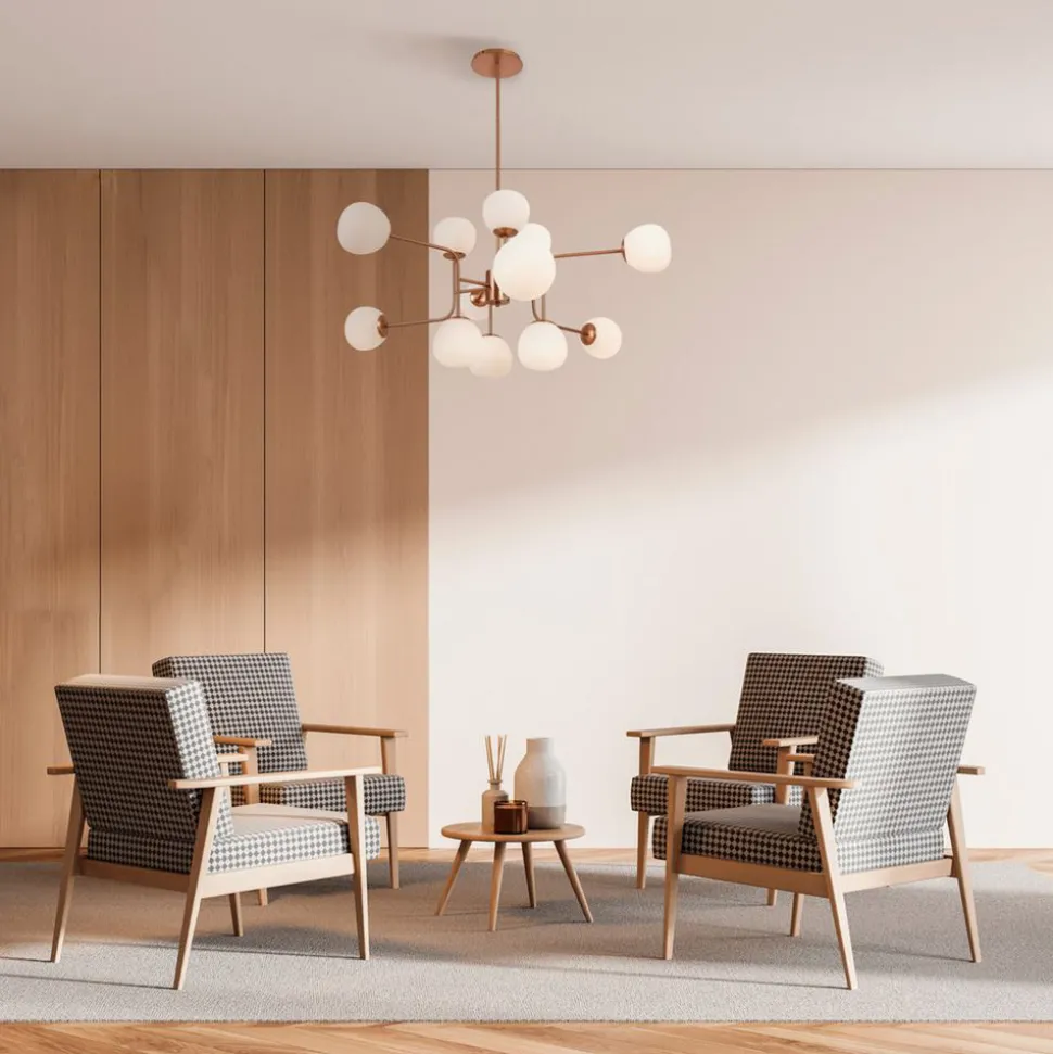 Maytoni lysekrone Erich, messing roséglass/metall, 12 lyskilder.