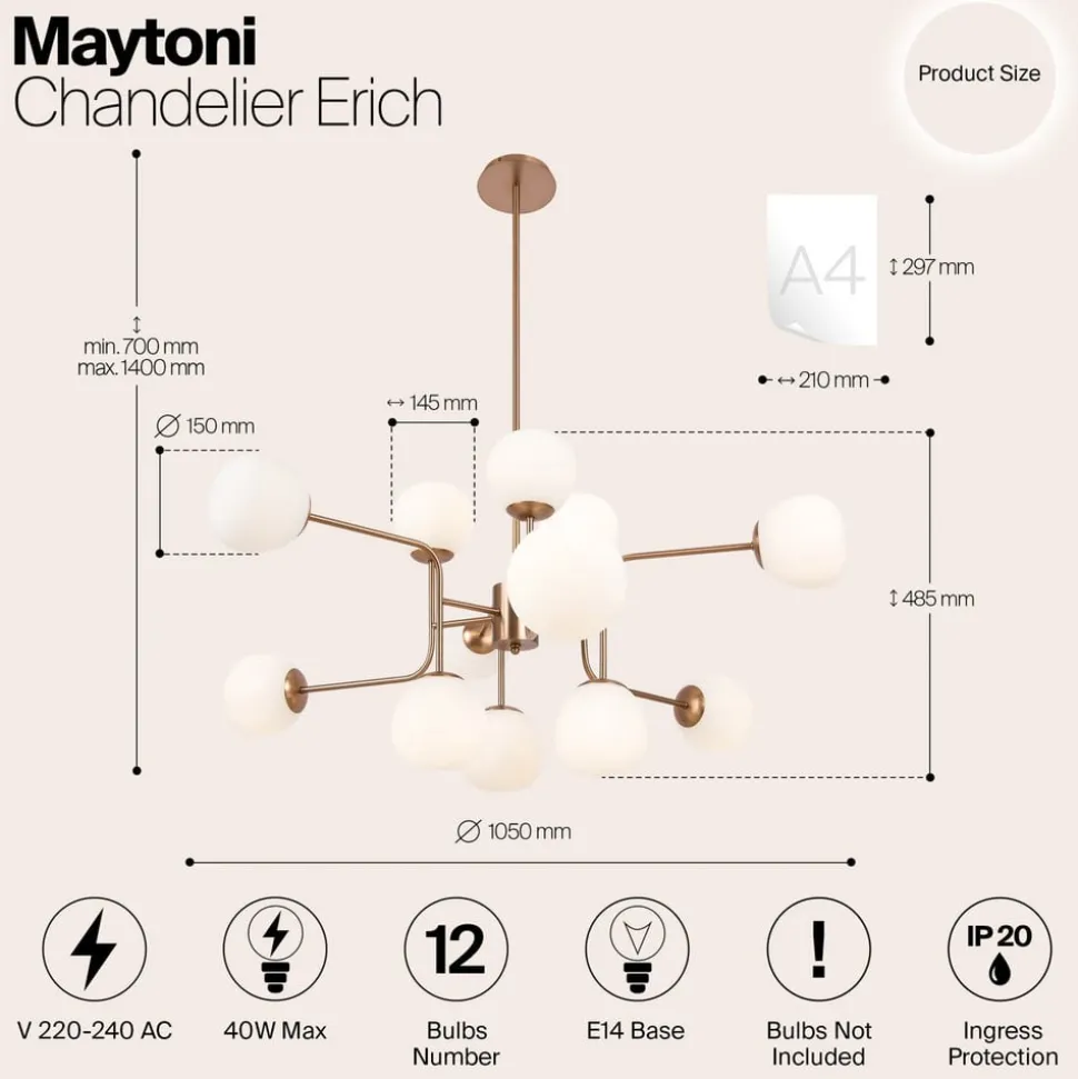 Maytoni lysekrone Erich, messing roséglass/metall, 12 lyskilder.
