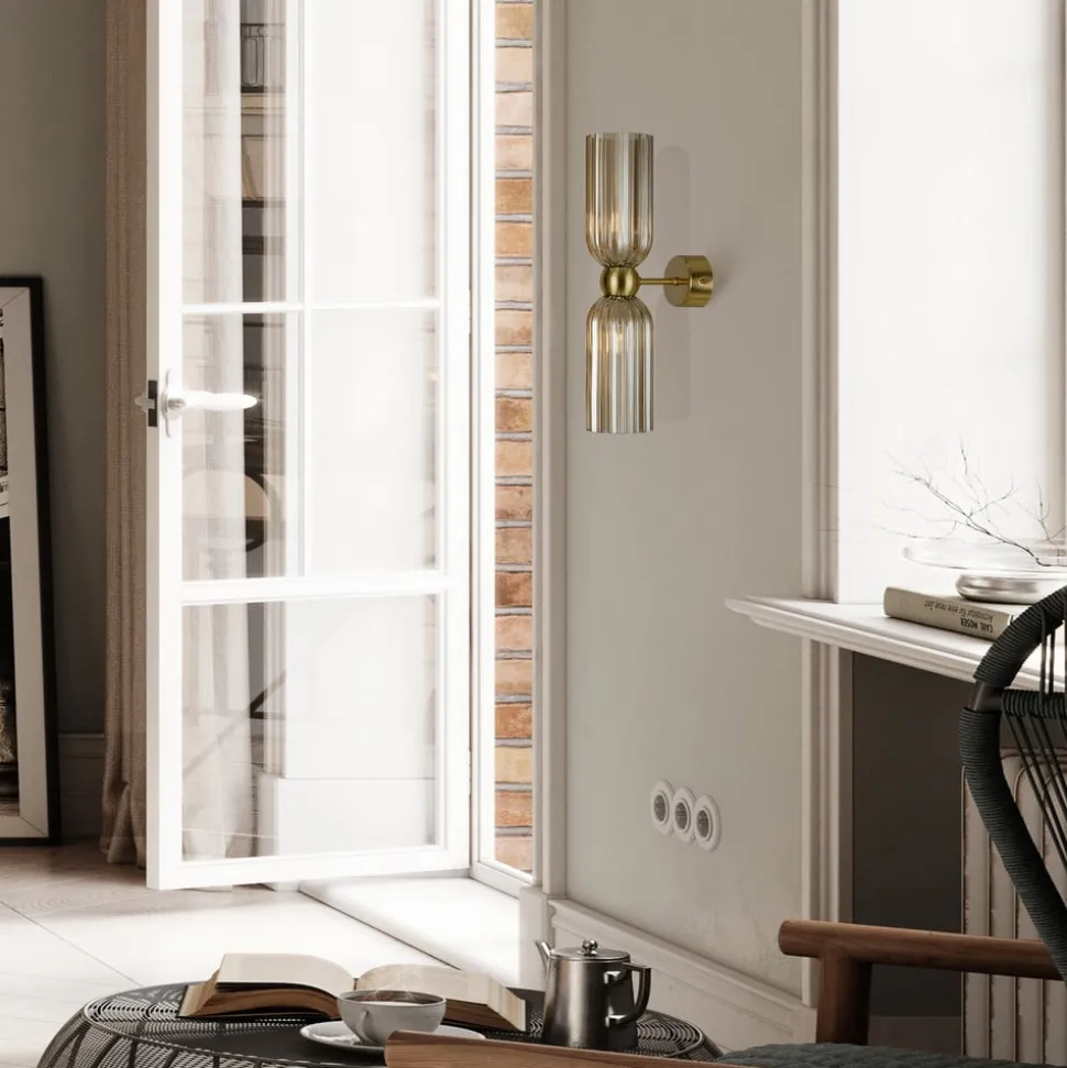 Maytoni vegglampe Antic, 2 lyskilder, gull/amber, glass