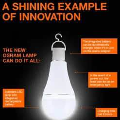 OSRAM tradisjonell LED-pære E27 8W matt 2700K oppladbart batteri nødlys