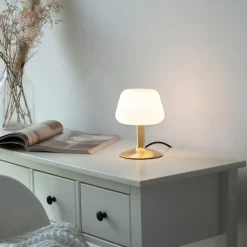 Paul Neuhaus Till bordlampe, messingfarget, glass, dimbar