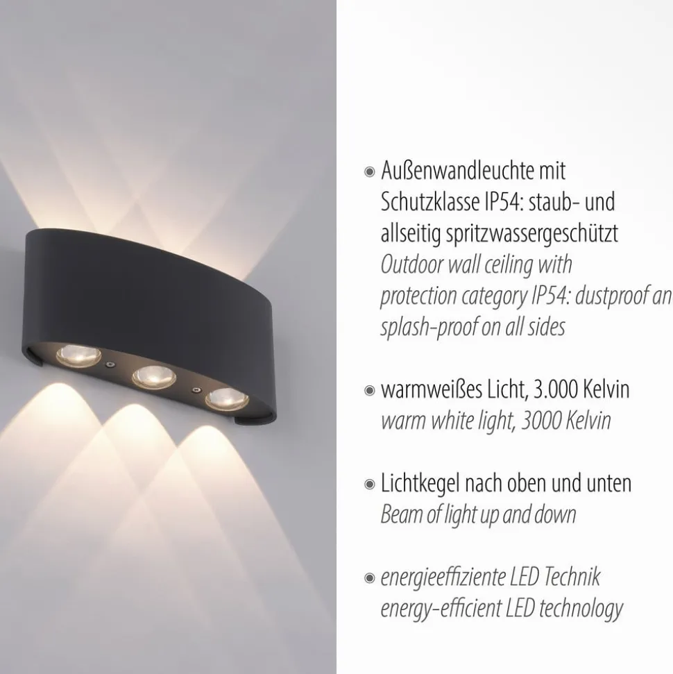 Paul Neuhaus utendørs LED-vegglampe Carlo, 17 cm, 6 lyskilder, IP54
