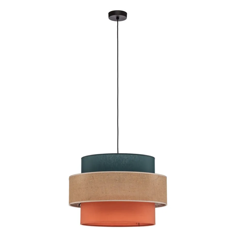 Pendellampe Trio, juteskjerm, petrol/naturbrun/oransje Ø 50cm