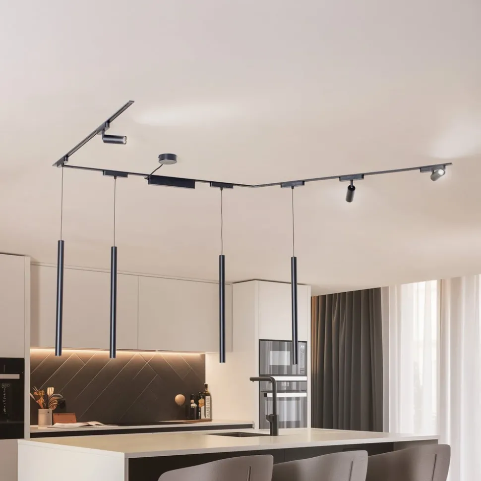 Skinnesystem Lumaro,spots,pendel,7 lyskilder,svart,48V,dimmer