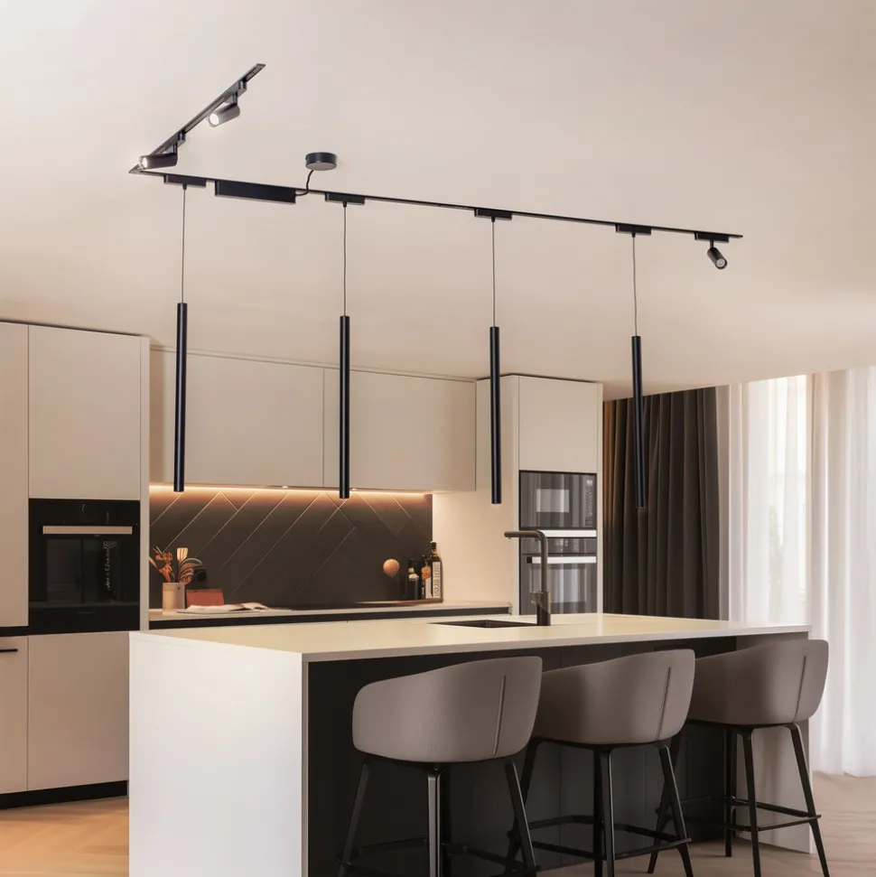 Skinnesystem Lumaro,spots,pendel,7 lyskilder,svart,48V,dimmer