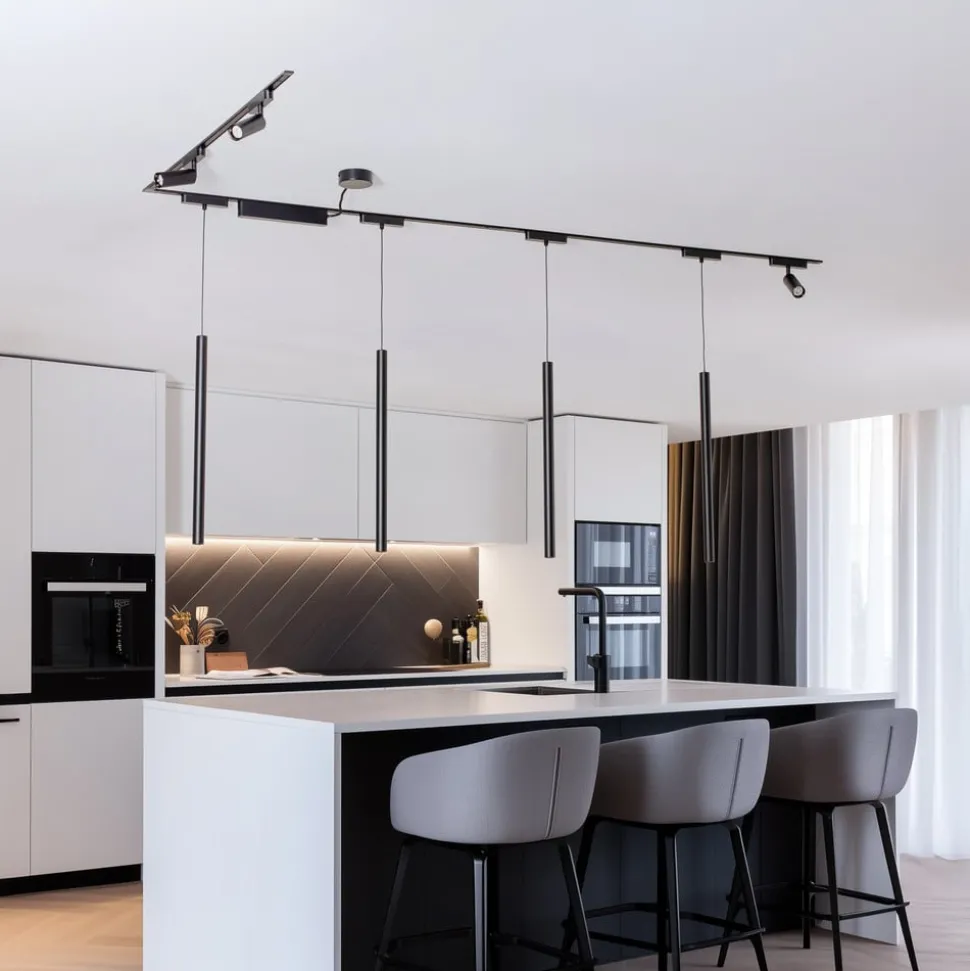 Skinnesystem Lumaro,spots,pendel,7 lyskilder,svart,48V,dimmer