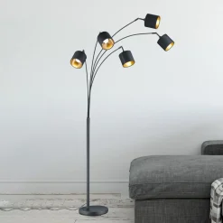 Tommy gulvlampe, svart/gull, høyde 200 cm, 5-lys, stoff
