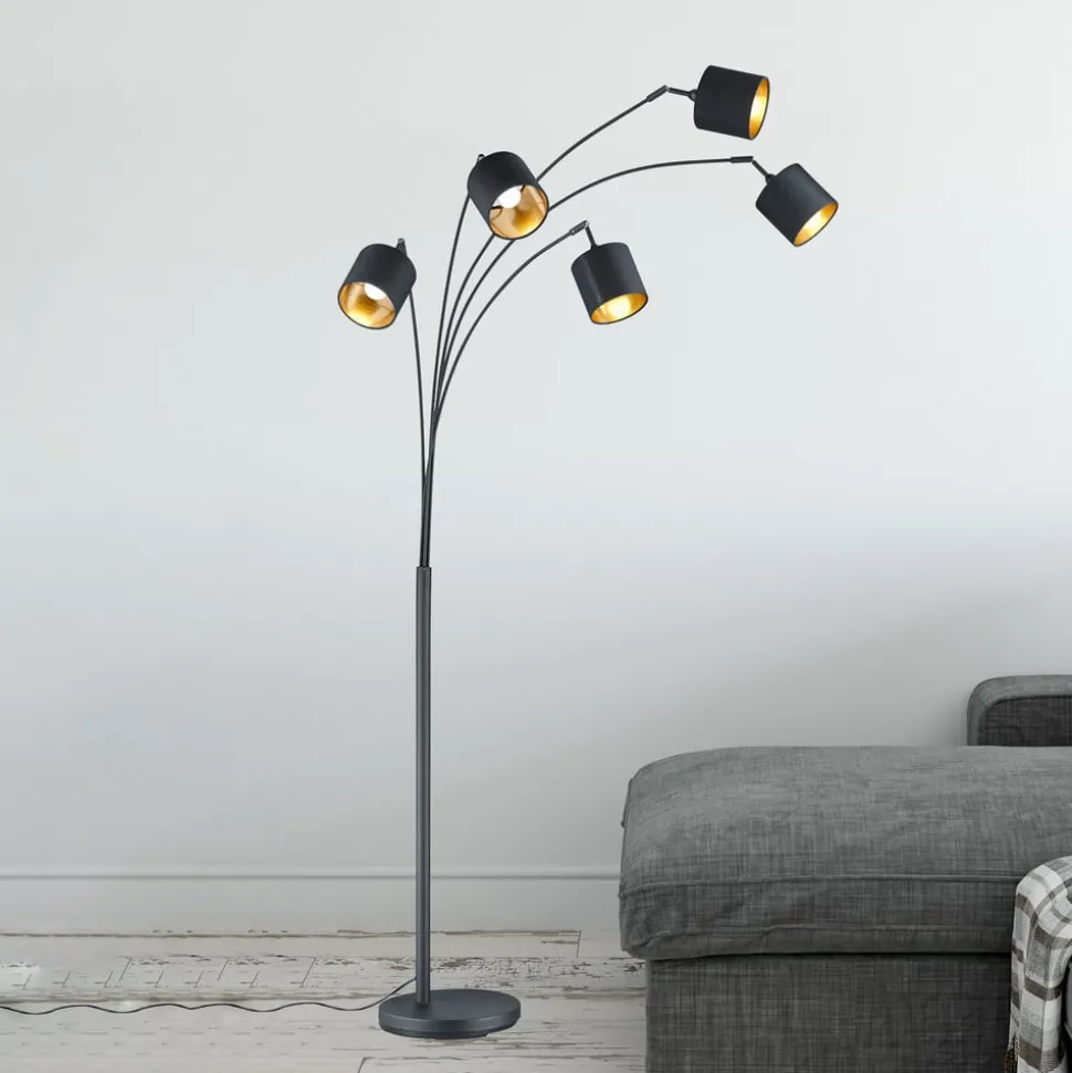 Tommy gulvlampe, svart/gull, høyde 200 cm, 5-lys, stoff