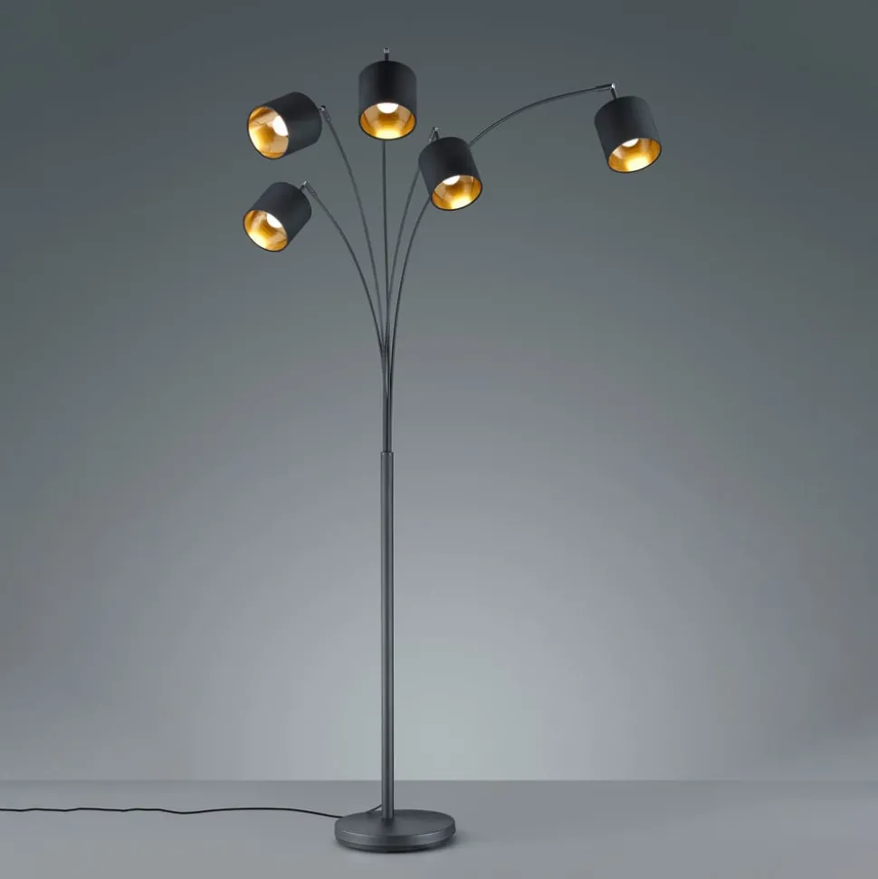 Tommy gulvlampe, svart/gull, høyde 200 cm, 5-lys, stoff