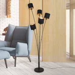 Tommy gulvlampe, svart/gull, høyde 163 cm, 5-lys stoff