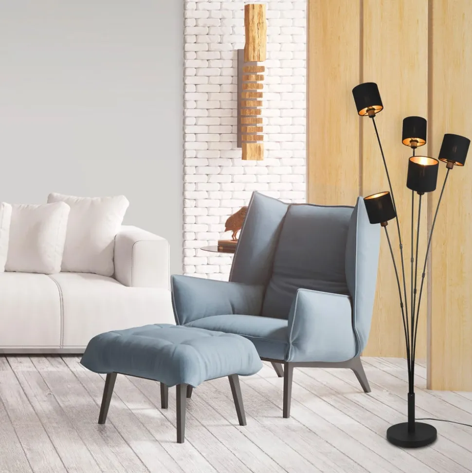 Tommy gulvlampe, svart/gull, høyde 163 cm, 5-lys stoff