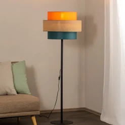 Trio gulvlampe, jute skjerm, oransje/naturbrun/petrol